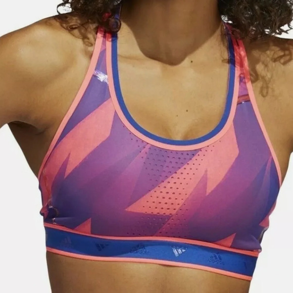 adidas Don't Rest Alphaskin Graphic Bra, Signal Pink/Royal Blue - Picture 8 of 11